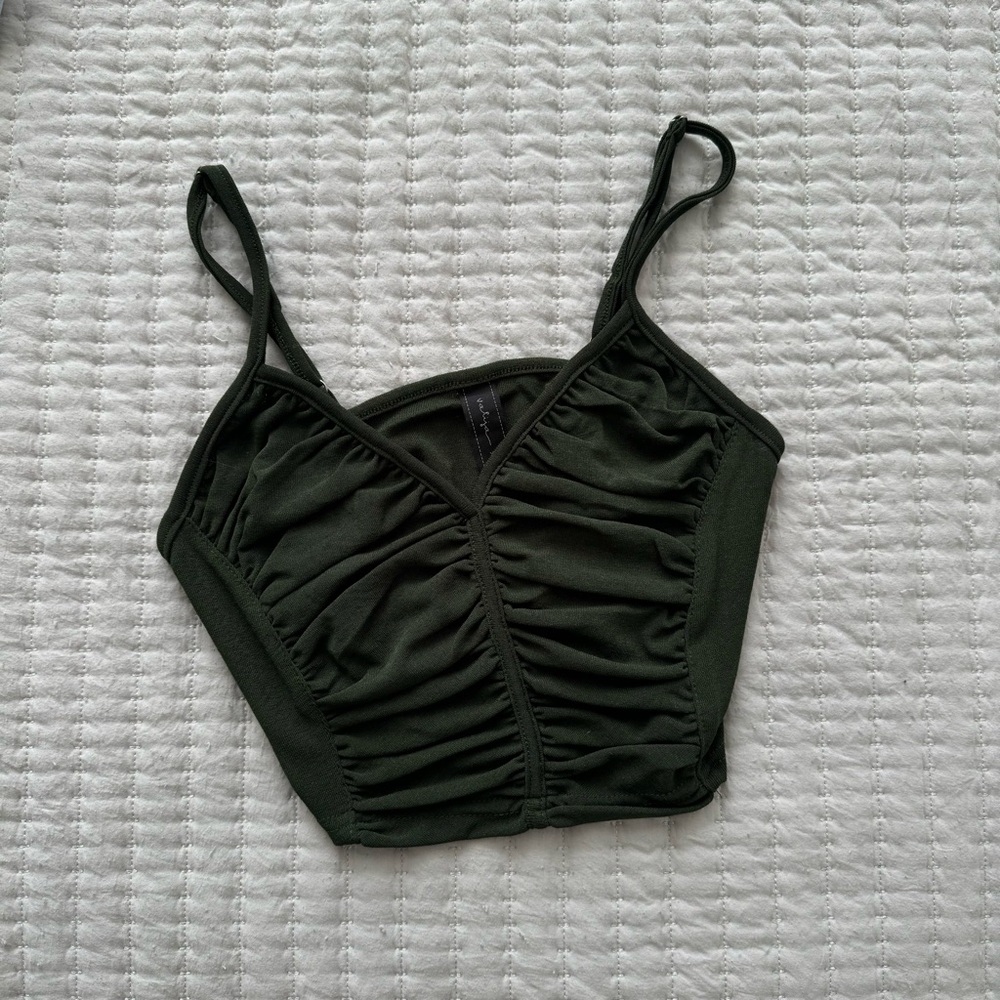 Olive Green Cropped Mesh Shirred Cami